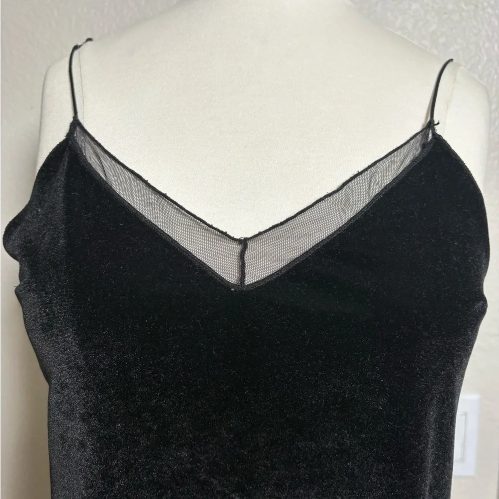 Intimately Free People Black Velvet Camisole with Mesh Lace Detail, Side‎ Slits.